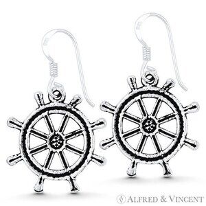 Ship's Helm / Sailor's Wheel Nautical Earrings in Oxidized .925 Sterling Silver